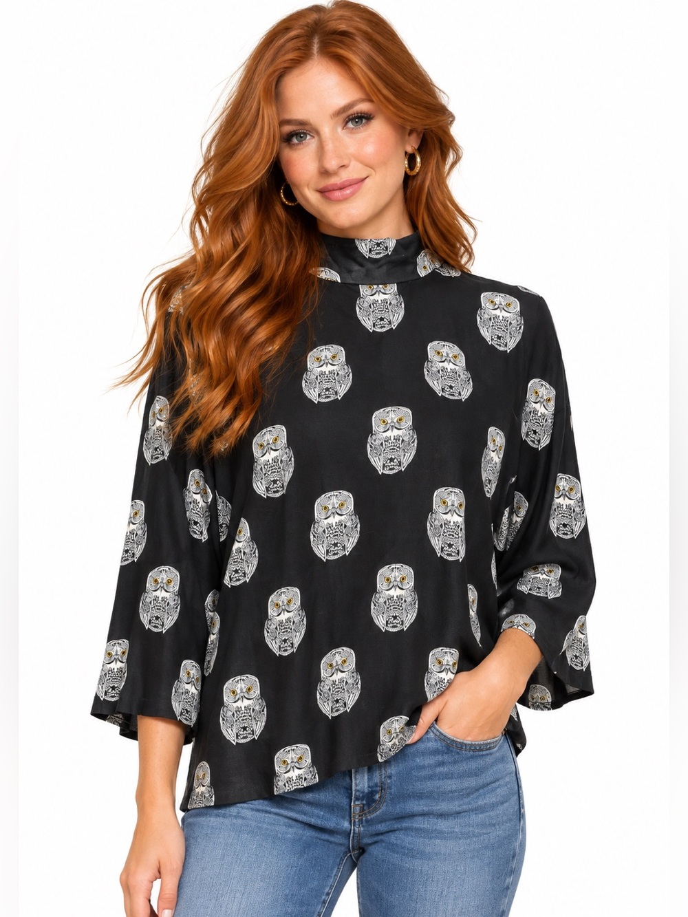 Black Owl Print Mock Neck Top size 12 boho whimsical